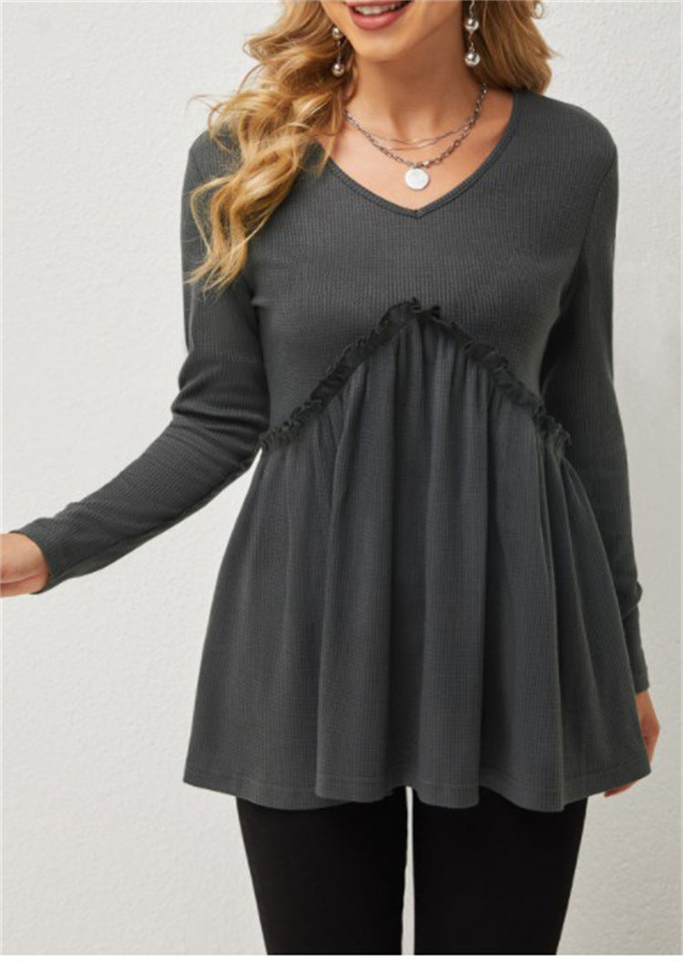 Damen V-Ausschnitt Langarmshirt mit Rüschendetail EB