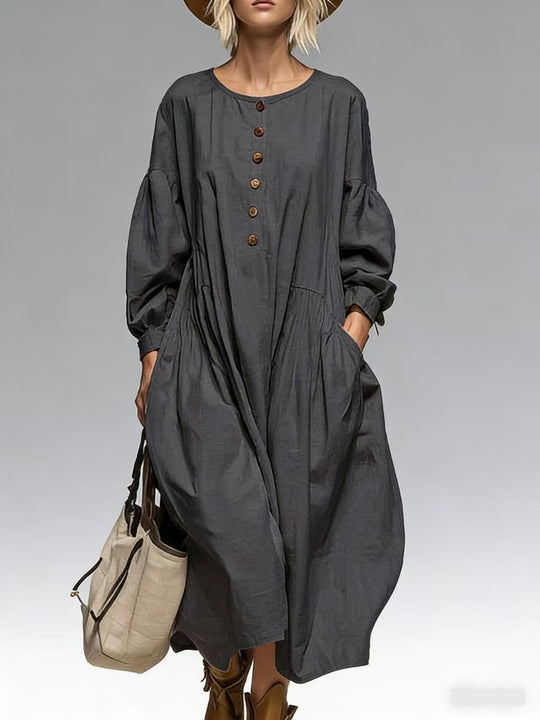 Damen Lässiges Midi-Kleid mit Knopfleiste, Ballonärmeln und Eingrifftaschen EB