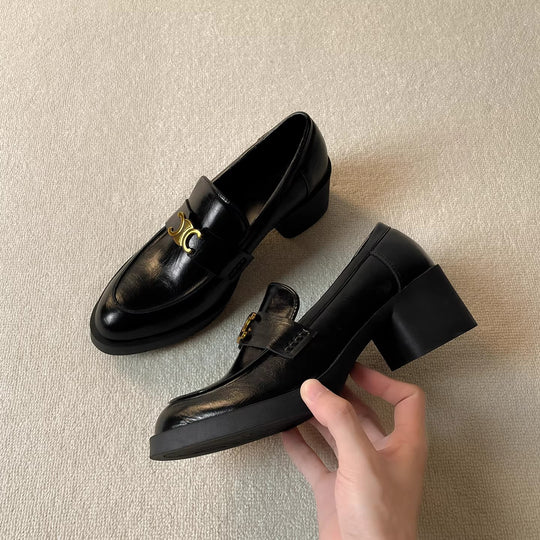 Damen modische Loafers mit elegantem Blockabsatz und dekorativem Schnallenakzent EB