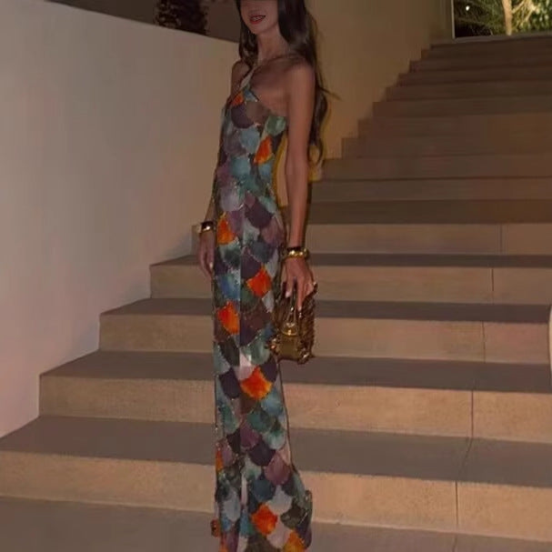 Damen Maxikleid aus fließendem Chiffon mit maritimem Schuppenmuster EB