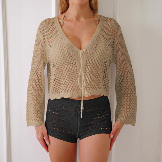 Damen Luftiger Häkelstrandpullover EB