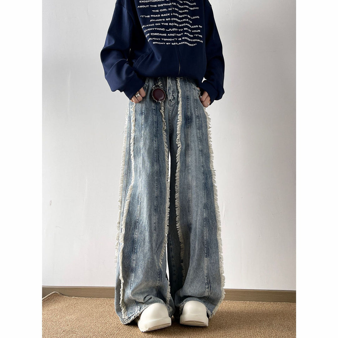 Damen Lässige Weitbein-Jeans mit Fransen-Design EB