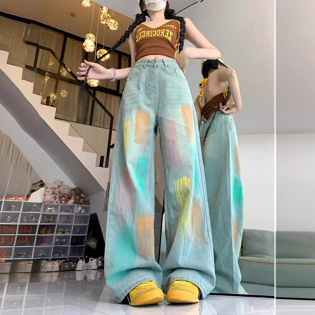 Damen Weit geschnittene Jeans mit modischem Farbspiel und hoher Taille EB