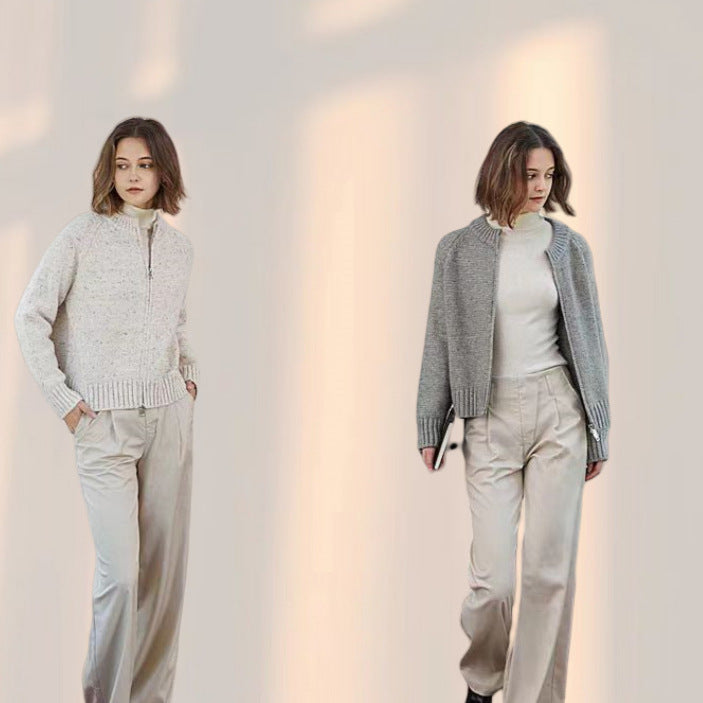Damen lässiger Strickjacke mit hochgeschlossenem Reißverschluss und voluminösen Ärmeln EB