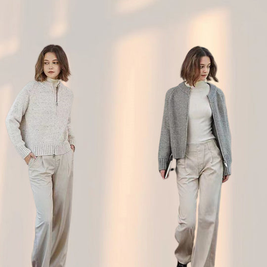 Damen lässiger Strickjacke mit hochgeschlossenem Reißverschluss und voluminösen Ärmeln EB