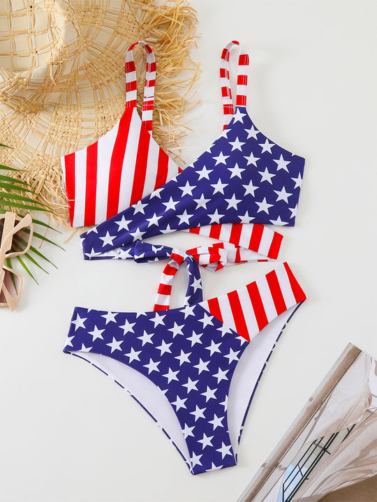 Damen Zweiteiliges Bikini-Set mit asymmetrischem Design und trendigem Sternenmuster EB