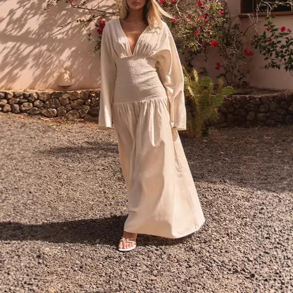 Damen Langes Boho-Maxi-Kleid mit Smock-Taillenband, tiefem V‑Ausschnitt und weiten Ballonärmeln EB