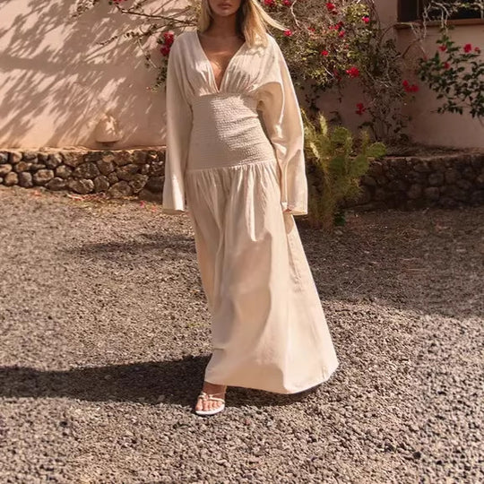 Damen Langes Boho-Maxi-Kleid mit Smock-Taillenband, tiefem V‑Ausschnitt und weiten Ballonärmeln EB