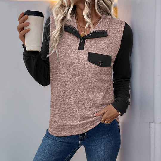 Damen modischer Langarm-Pullover mit praktischer Brusttasche und Knopfleiste EB