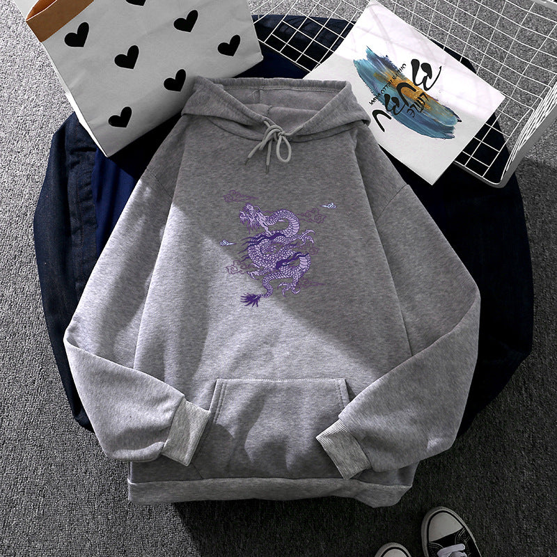 Unisex nan oversized Kapuzensweatshirt mit detailliertem Drachendruck, angerautem Fleece-Innenfutter und Känguru-Tasche EB