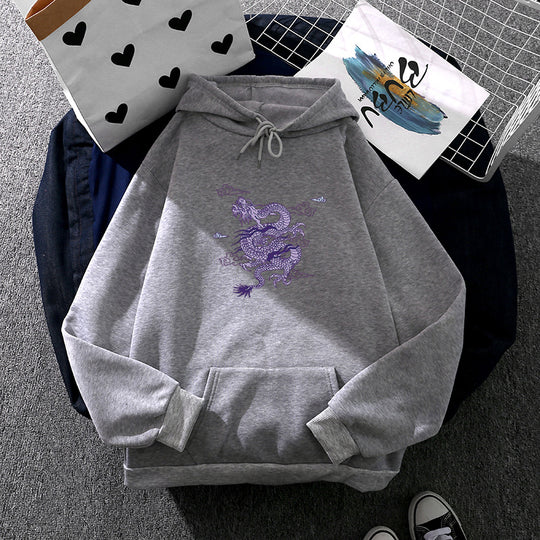 Unisex nan oversized Kapuzensweatshirt mit detailliertem Drachendruck, angerautem Fleece-Innenfutter und Känguru-Tasche EB