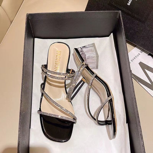Damen elegante Statement-Sandaletten mit transparentem Blockabsatz und funkelnden Riemchen EB