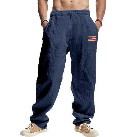Herren Maritime Relaxed‑Fit Leinenoptik-Freizeithose mit Tunnelzug & Flaggen-Patch EB