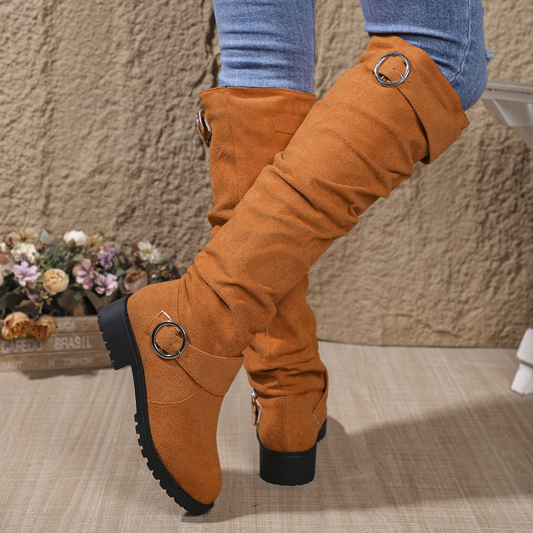 Damen modische Overkneestiefel mit lässigem Falten-Look und robustem Profil EB
