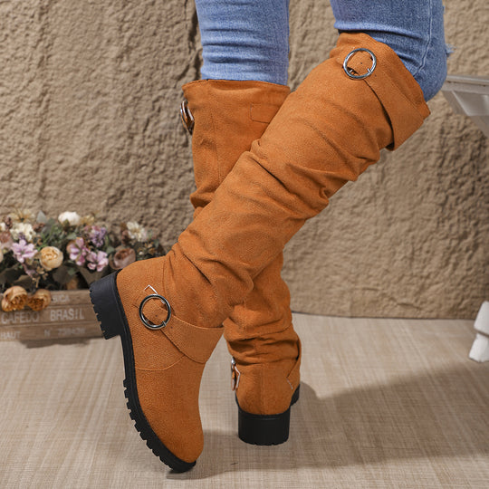 Damen modische Overkneestiefel mit lässigem Falten-Look und robustem Profil EB