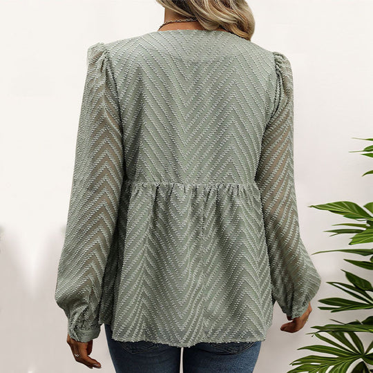 Damen Chiffon-Peplum-Bluse mit Chevron-Struktur, geraffter Empire-Taille & Knopfleiste EB