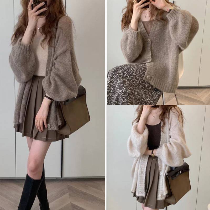 Damen Flauschiger Strickcardigan mit voluminösen Ärmeln und Knopfdetails EB