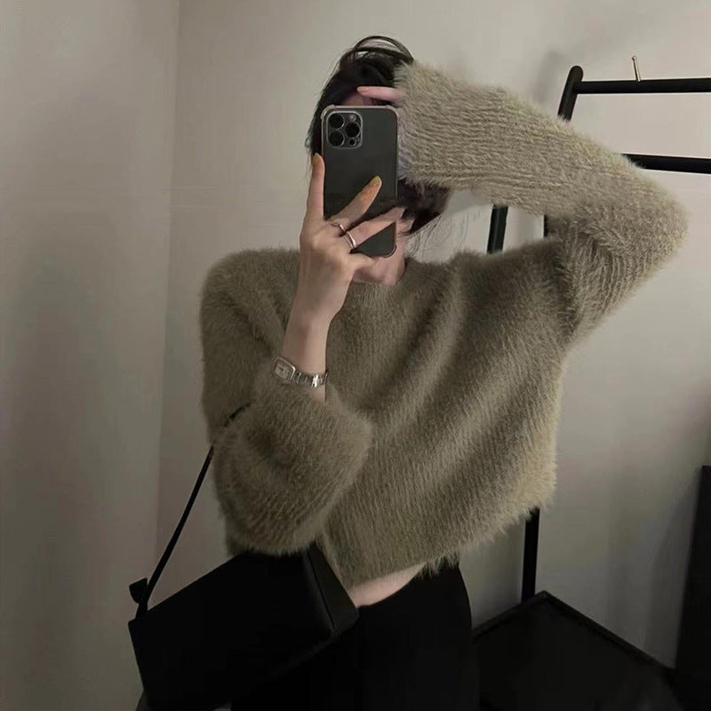 Damen modischer cropped Pullover mit weichem Flausch-Material EB