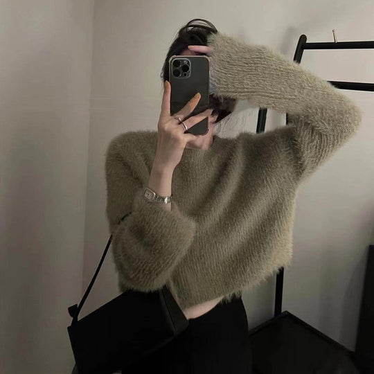 Damen modischer cropped Pullover mit weichem Flausch-Material EB
