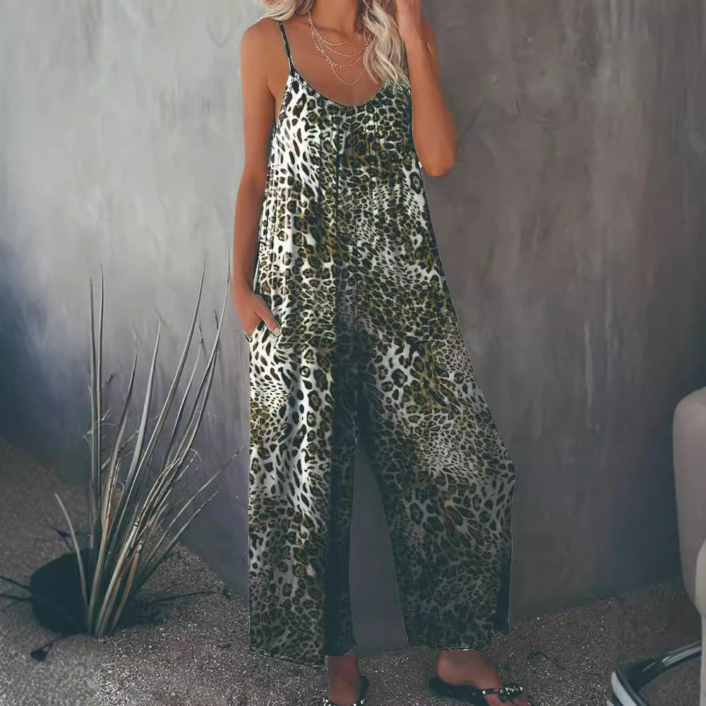 Damen Lockere Jumpsuit mit Animal-Print und praktischen Taschen EB