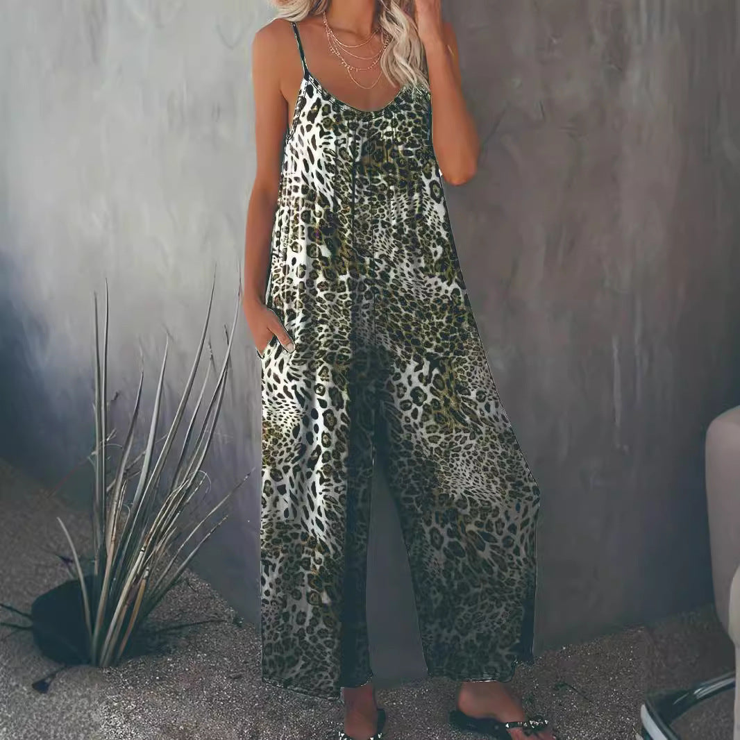 Damen Lockere Jumpsuit mit Animal-Print und praktischen Taschen EB