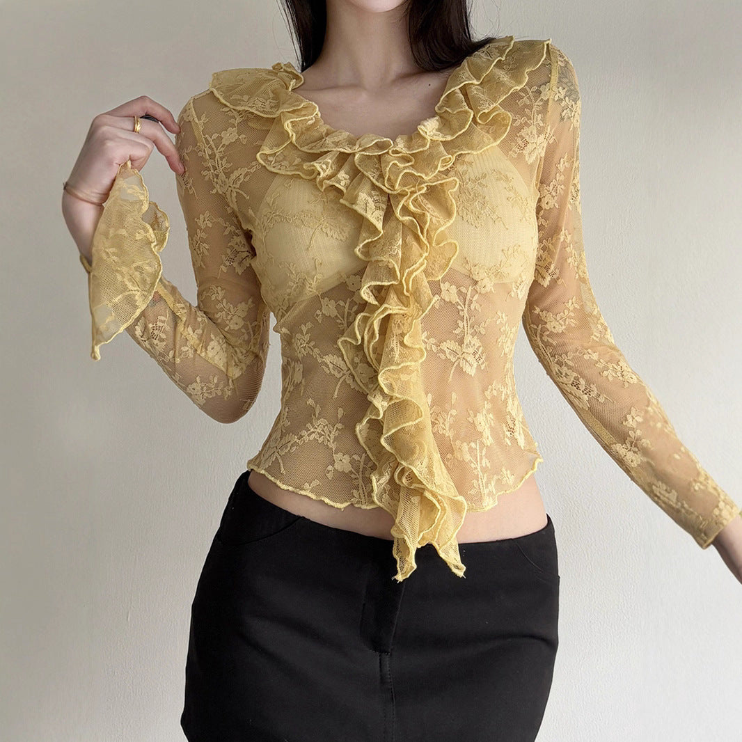 Damen Elegant verziertes Langarmoberteil aus Spitze mit Rüschen EB