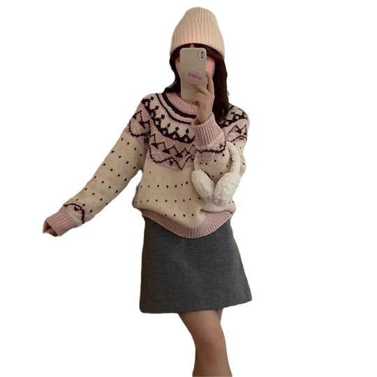 Damen Strickpullover mit grafischem Norweger-Muster und hohem Rundhalsausschnitt EB