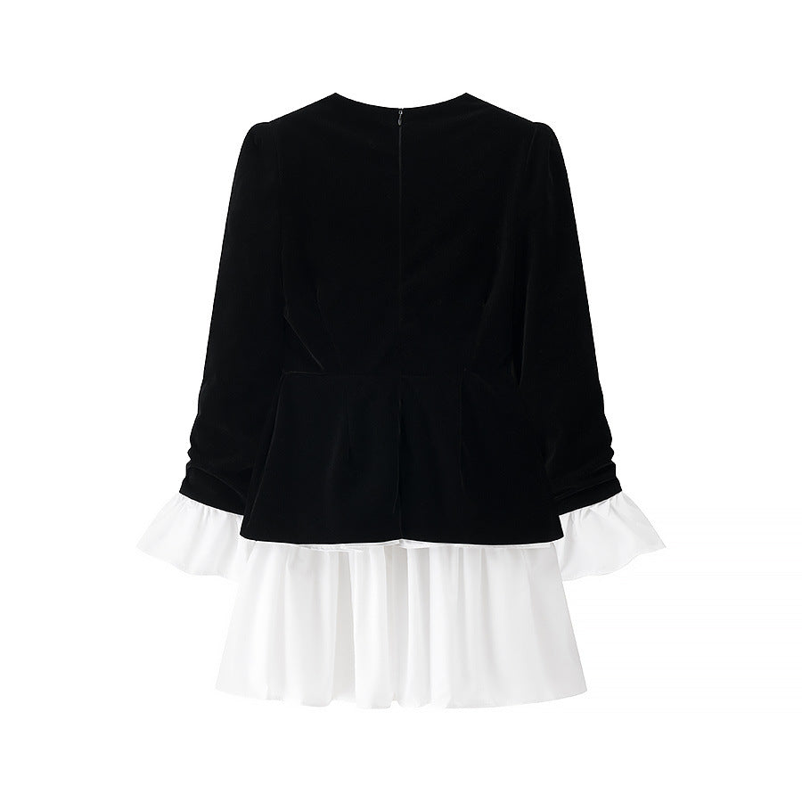 Damen festliches Kleid mit elegantem Schwarz-weiß-Design und Rüschenabschluss EB