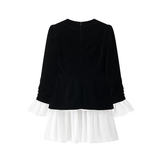 Damen festliches Kleid mit elegantem Schwarz-weiß-Design und Rüschenabschluss EB