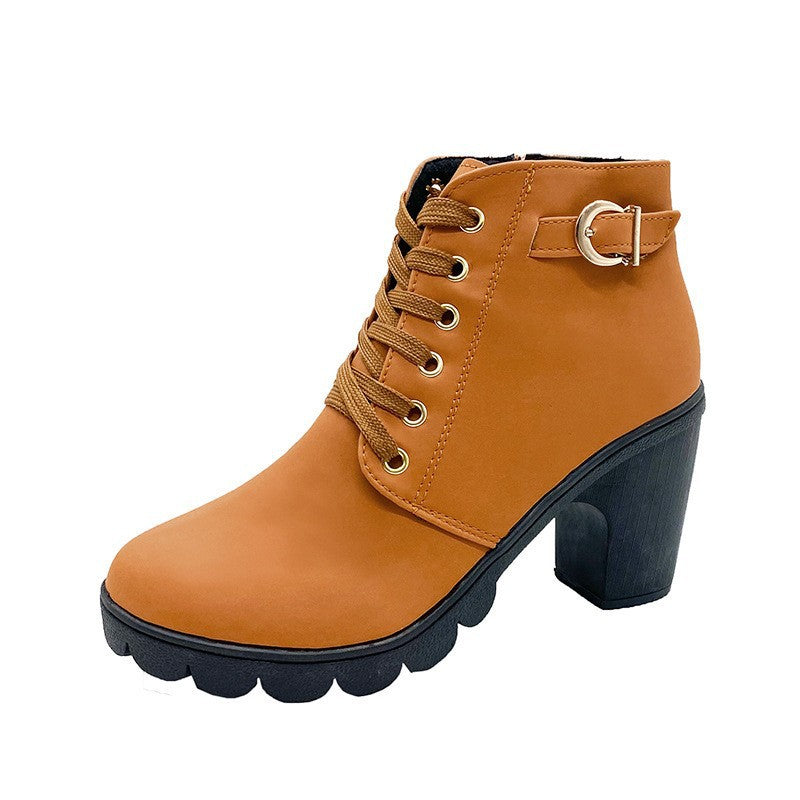 Damen nan elegante Schnür-Stiefelette mit mittlerem Blockabsatz, profilierter Gummilaufsohle und dekorativer Metallschnalle EB