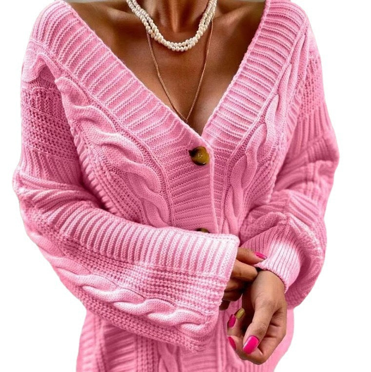 Damen Strickjacke mit tiefem V-Ausschnitt und einzigartigem Zopfdesign EB