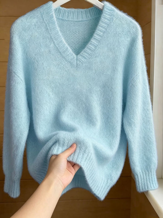 Damen Flauschiger Mohair-Mix Oversize-Pullover mit tiefem V-Kragen EB
