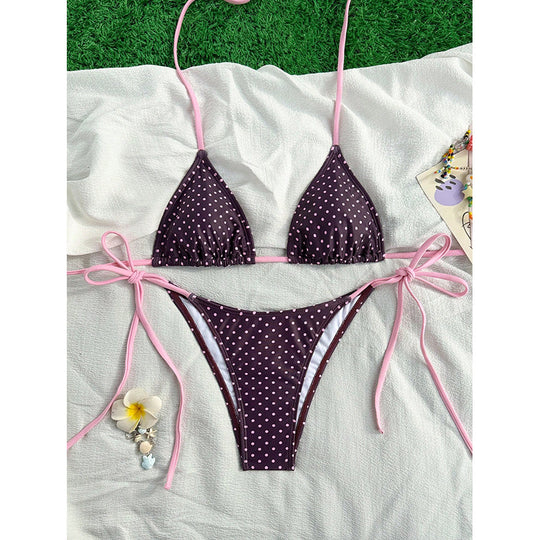 Damen Triangel-Bikini mit verspielten Bindebändern und elegantem Punktmuster EB