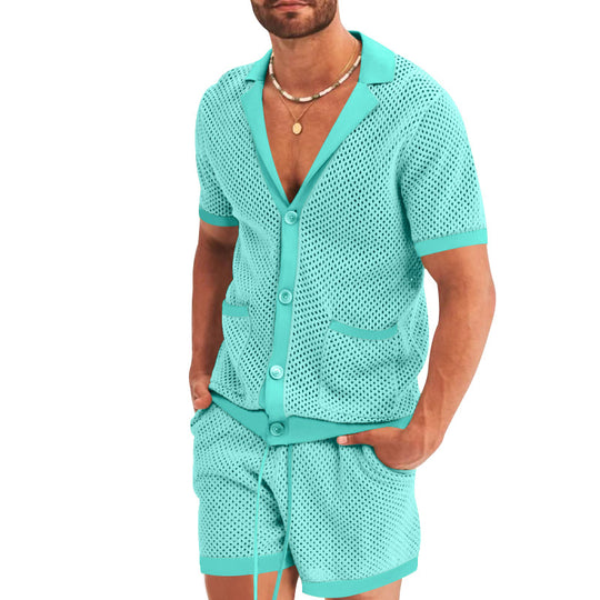 Herren nan offener Netzstrick-Cardigan mit passenden Kordelzug-Shorts EB