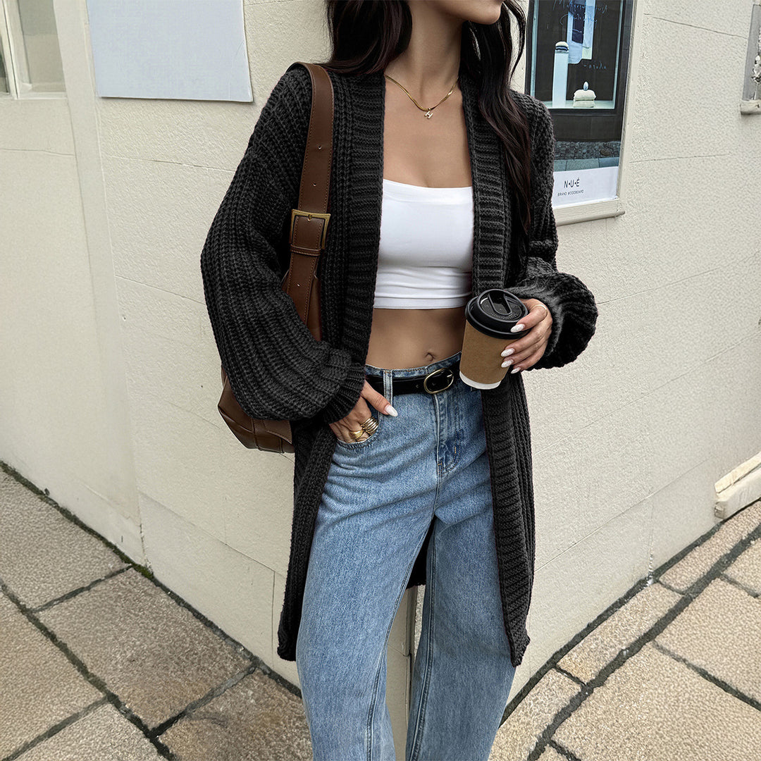 Damen nan lange Grobstrick-Cardigan mit offener Front und Ballonärmeln EB
