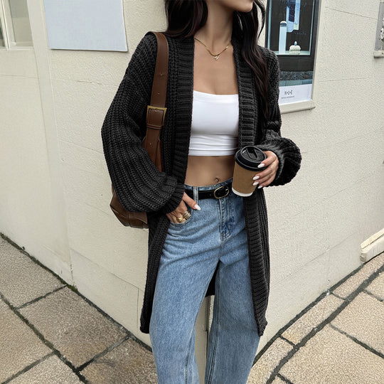 Damen nan lange Grobstrick-Cardigan mit offener Front und Ballonärmeln EB