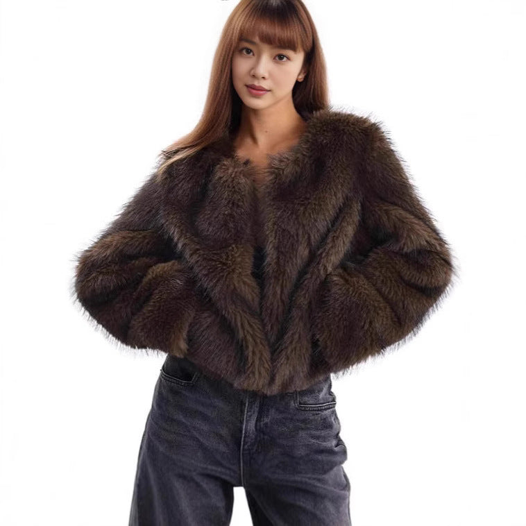 Damen Plush-Cropped-Jacke mit elegantem Fellbesatz EB