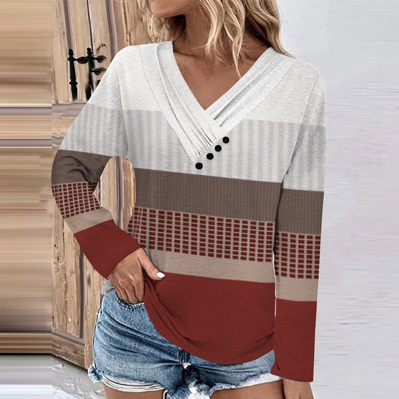 Damen Gerippter V-Ausschnitt Pullover mit Farbverlauf, Zierknöpfen und legerer Passform EB