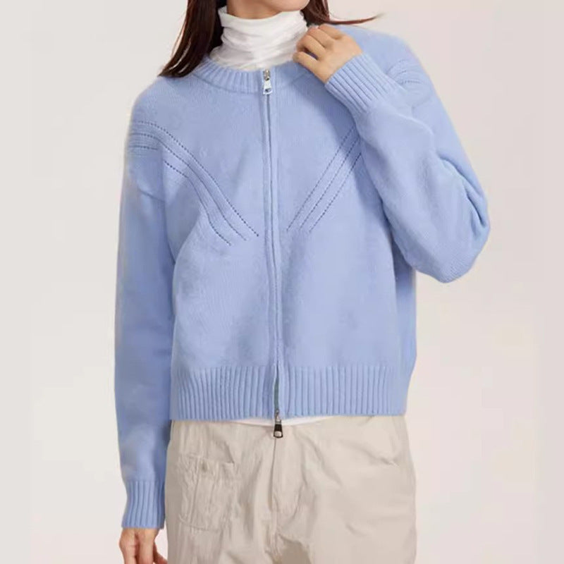 Damen kuschelige Strickjacke mit modernem Reißverschluss und feinem Strukturdesign EB