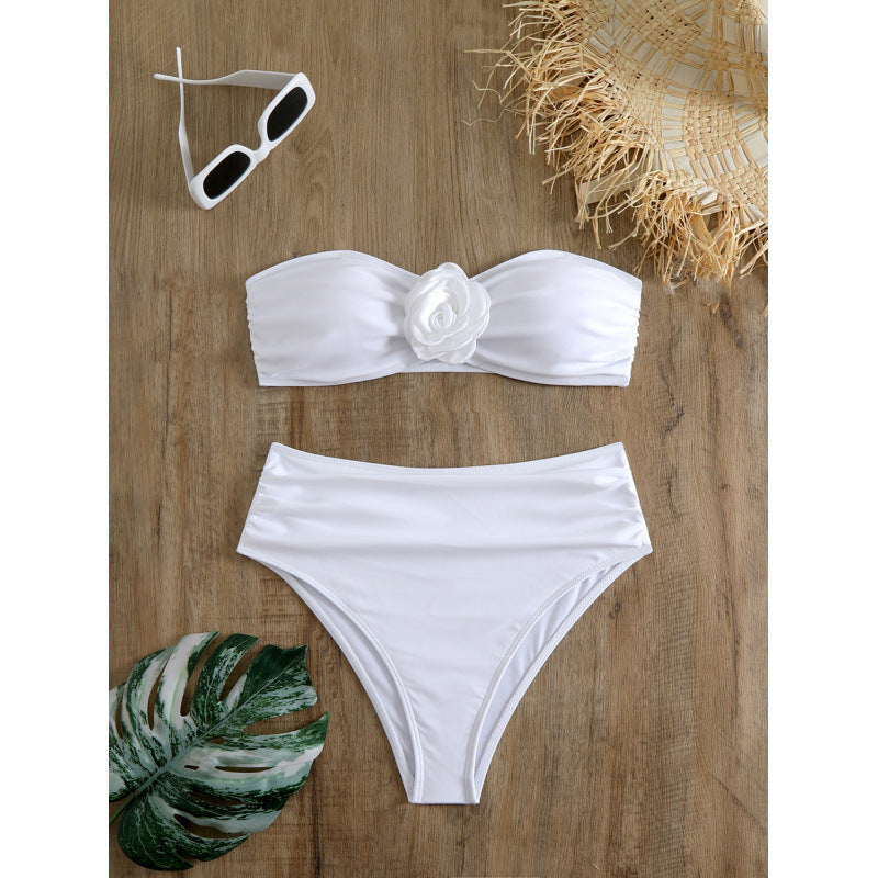 Damen Bandeau-Bikini mit floralem Detail und hochgeschnittenem Höschen EB