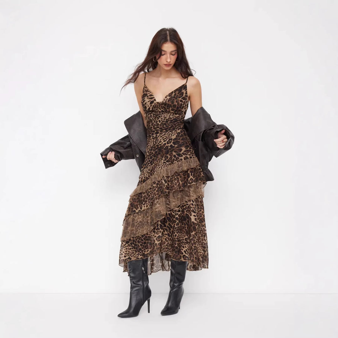 Damen elegantes Midikleid mit asymmetrischem Volant und Animal-Print EB