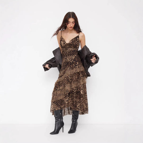 Damen elegantes Midikleid mit asymmetrischem Volant und Animal-Print EB
