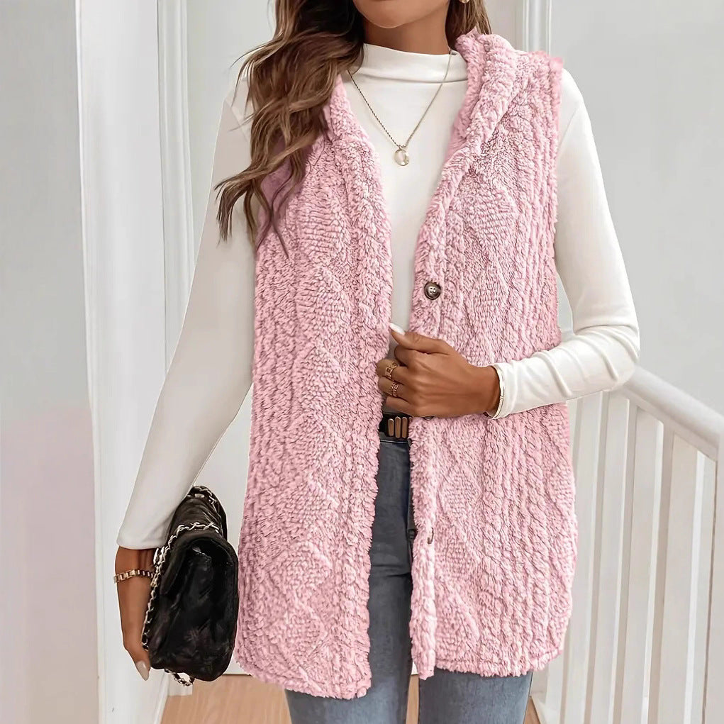 Damen Kuschelige Fleece-Weste mit Kapuze und Knopfverschluss EB