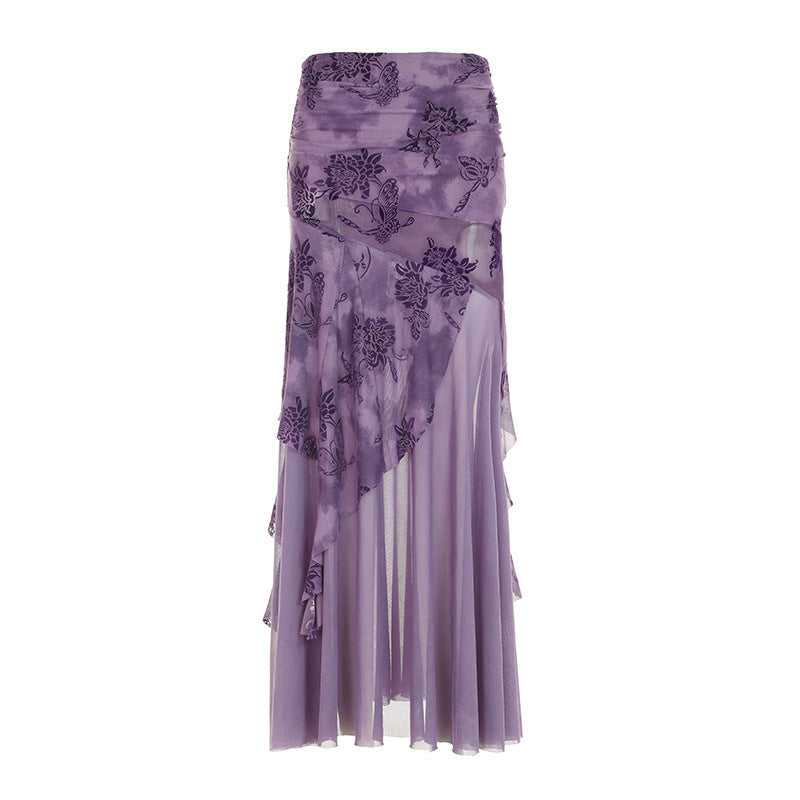 Damen eleganter asymmetrischer Maxirock mit floralen Verzierungen EB