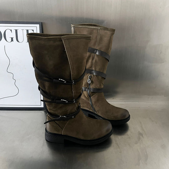 Damen Modische Stiefel mit praktischem Reißverschluss und eleganten Riemen EB