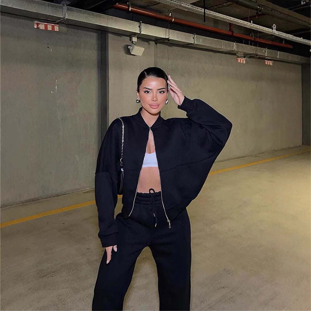Damen nan Oversize Reißverschlussjacke mit weiter High-Waist Loungehose Set EB