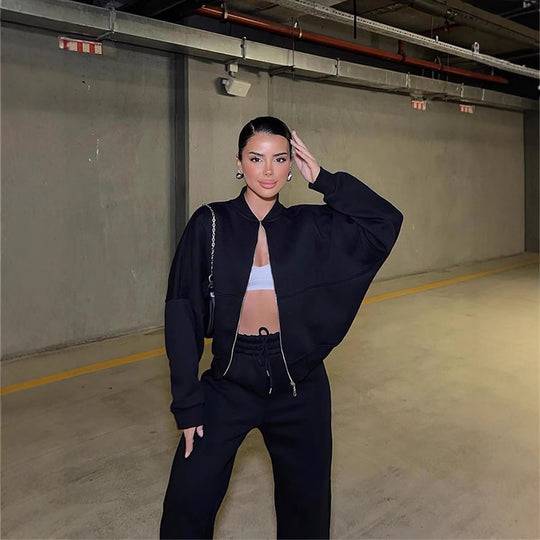 Damen nan Oversize Reißverschlussjacke mit weiter High-Waist Loungehose Set EB