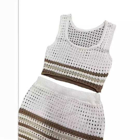 Damen elegantes gestricktes Zweiteiler-Set mit geometrischem Lochdesign EB