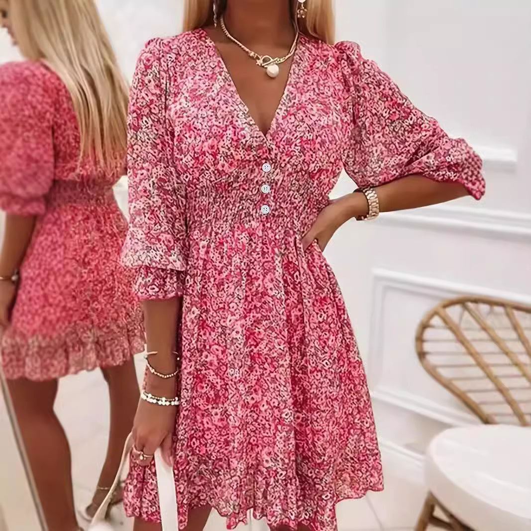 Damen Verspieltes und elegantes Minikleid mit tiefem V-Ausschnitt und Rüschendetails EB