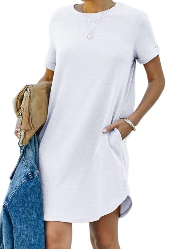 Damen lässiges Freizeitkleid mit Taschen und Rundhalsausschnitt EB